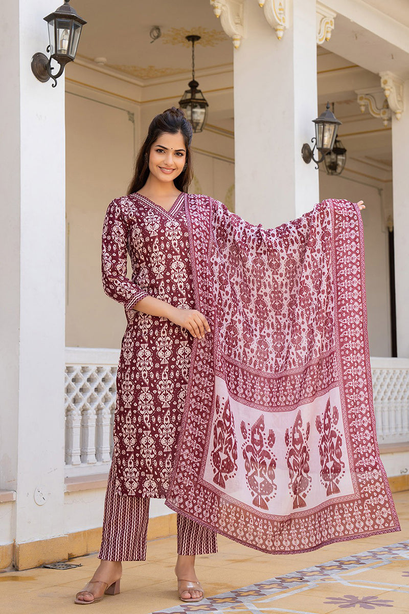 Maroon Rayon Blend Ethnic Motifs Printed Straight Trouser Bottom Suit Set | SHOBITAM