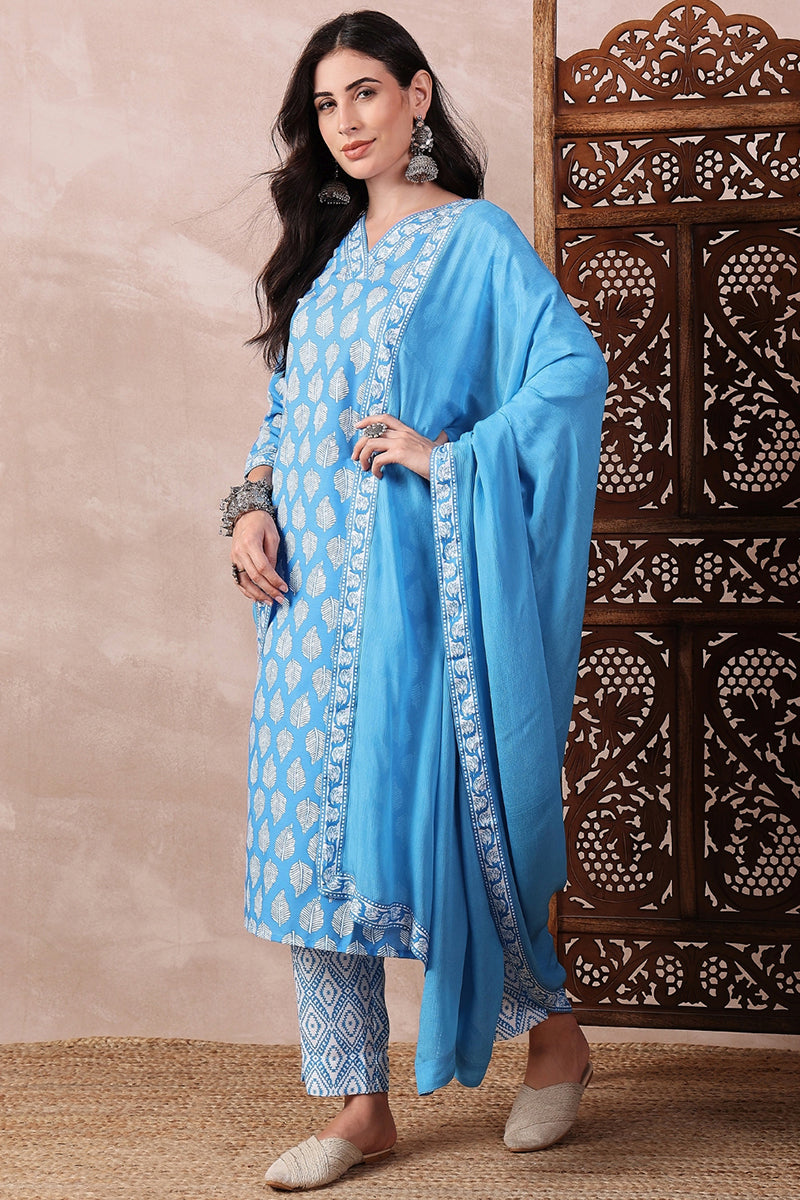 Blue Rayon Blend Floral Printed Straight Trouser Bottom Suit Set | SHOBITAM