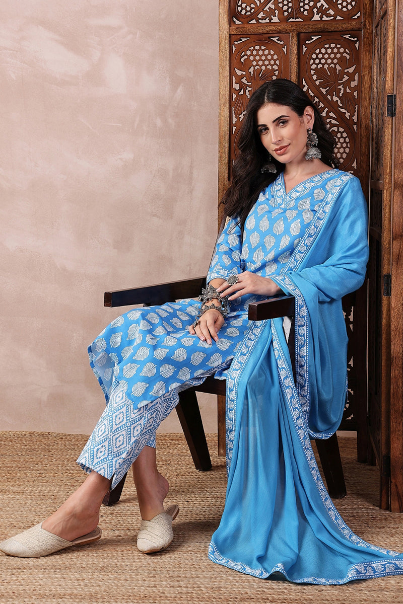 Blue Rayon Blend Floral Printed Straight Trouser Bottom Suit Set | SHOBITAM