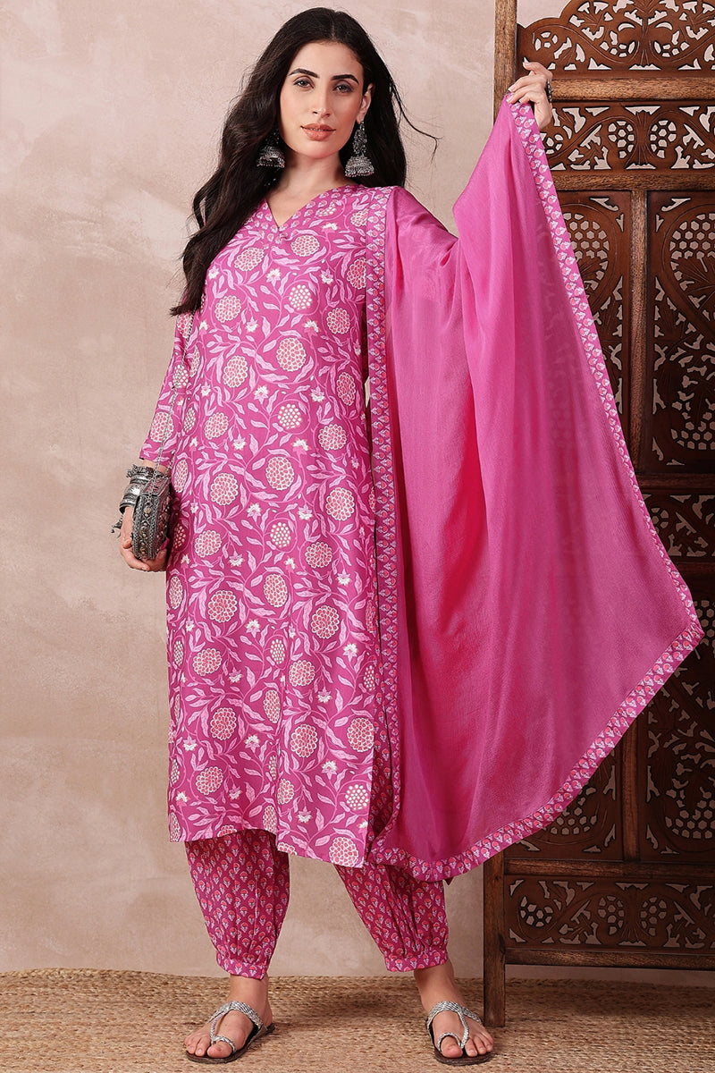Pink Rayon Blend Floral Printed Straight Salwar Bottom Suit Set | SHOBITAM