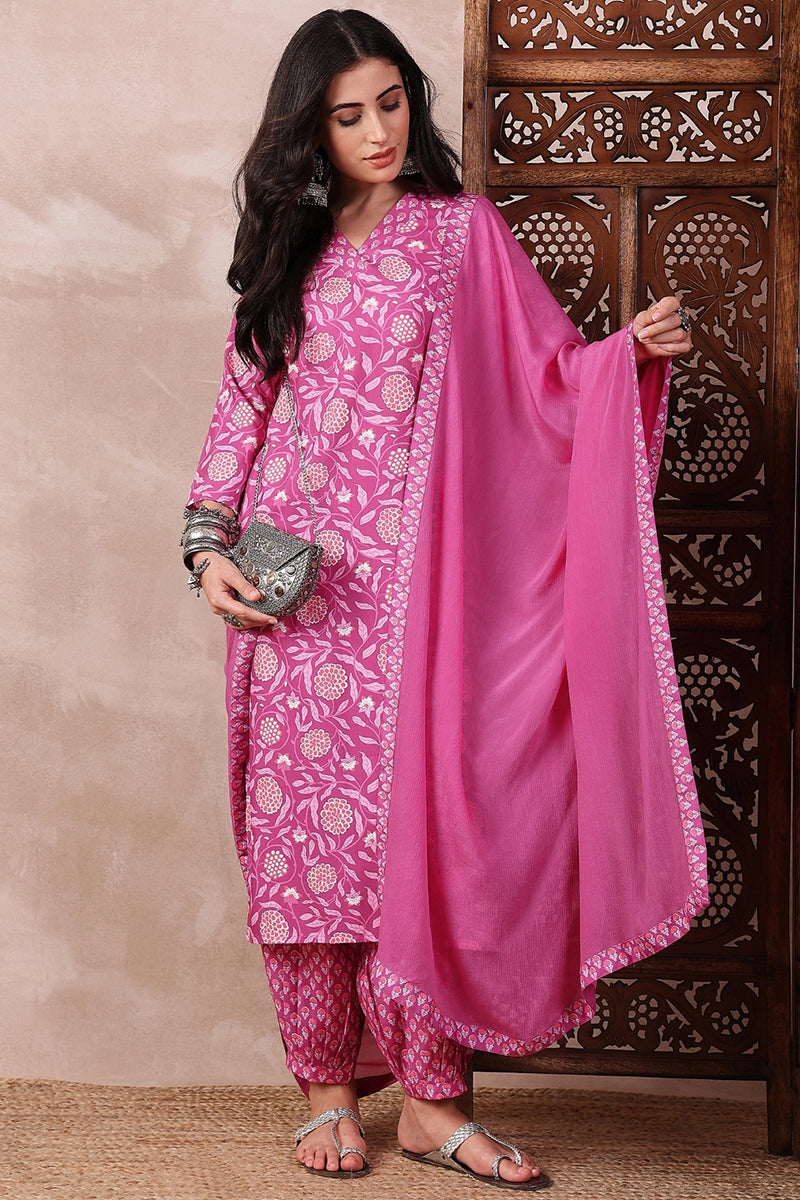 Pink Rayon Blend Floral Printed Straight Salwar Bottom Suit Set | SHOBITAM