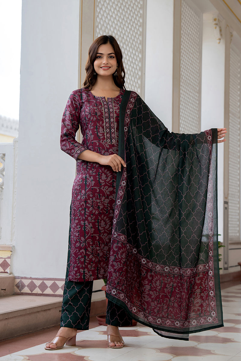 Magenta Rayon Blend Ethnic Motifs Printed Straight Trouser Bottom Suit Set | SHOBITAM