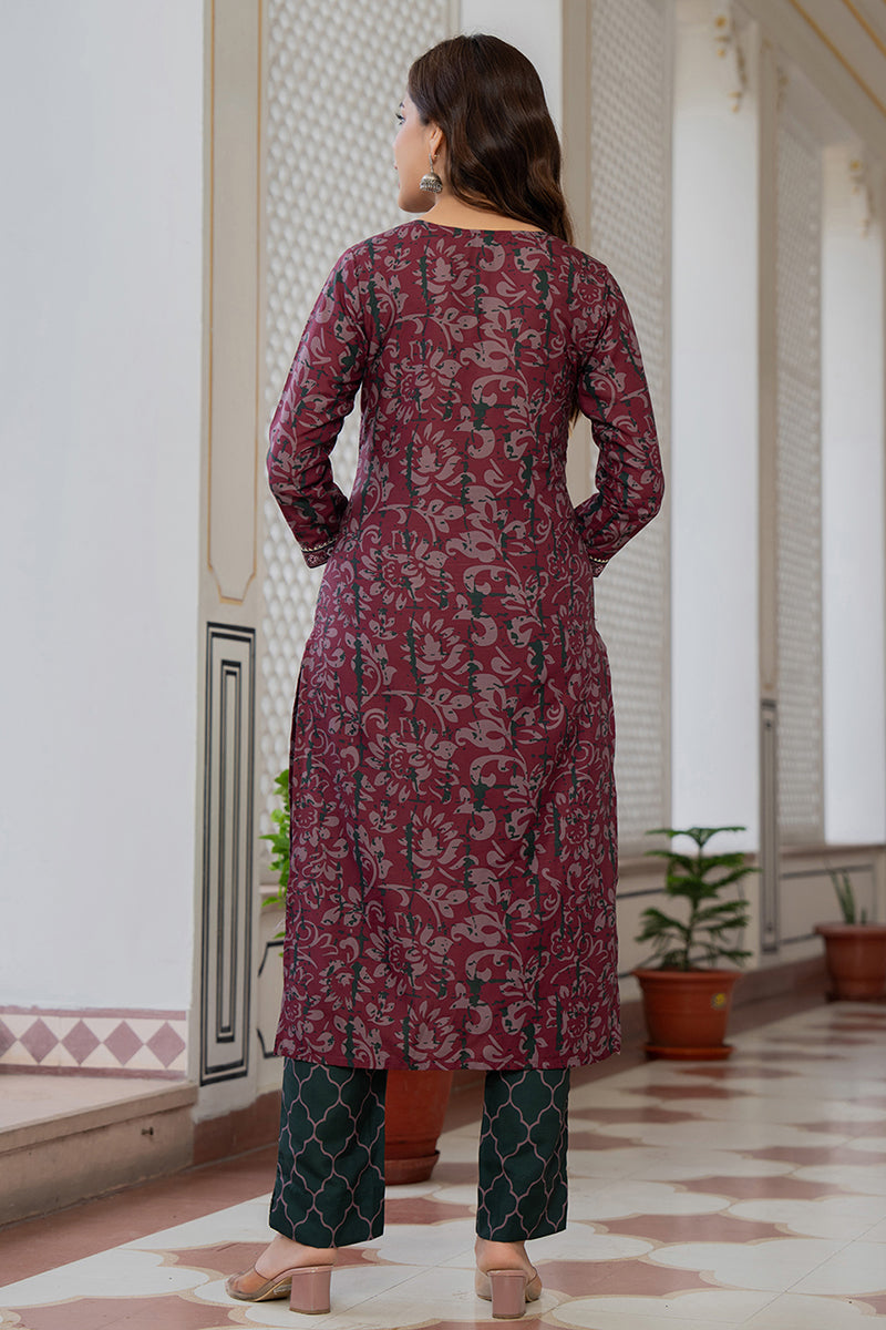 Magenta Rayon Blend Ethnic Motifs Printed Straight Trouser Bottom Suit Set | SHOBITAM