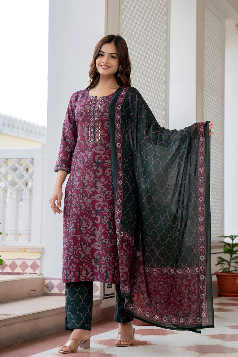 Magenta Rayon Blend Ethnic Motifs Printed Straight Trouser Bottom Suit Set | SHOBITAM
