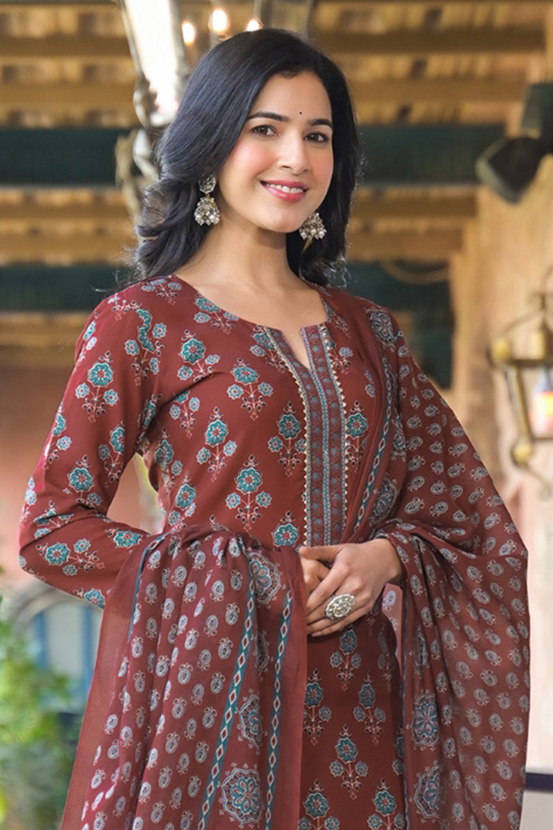 Brown Rayon Blend Floral Printed Straight Trouser Suit Set | SHOBITAM