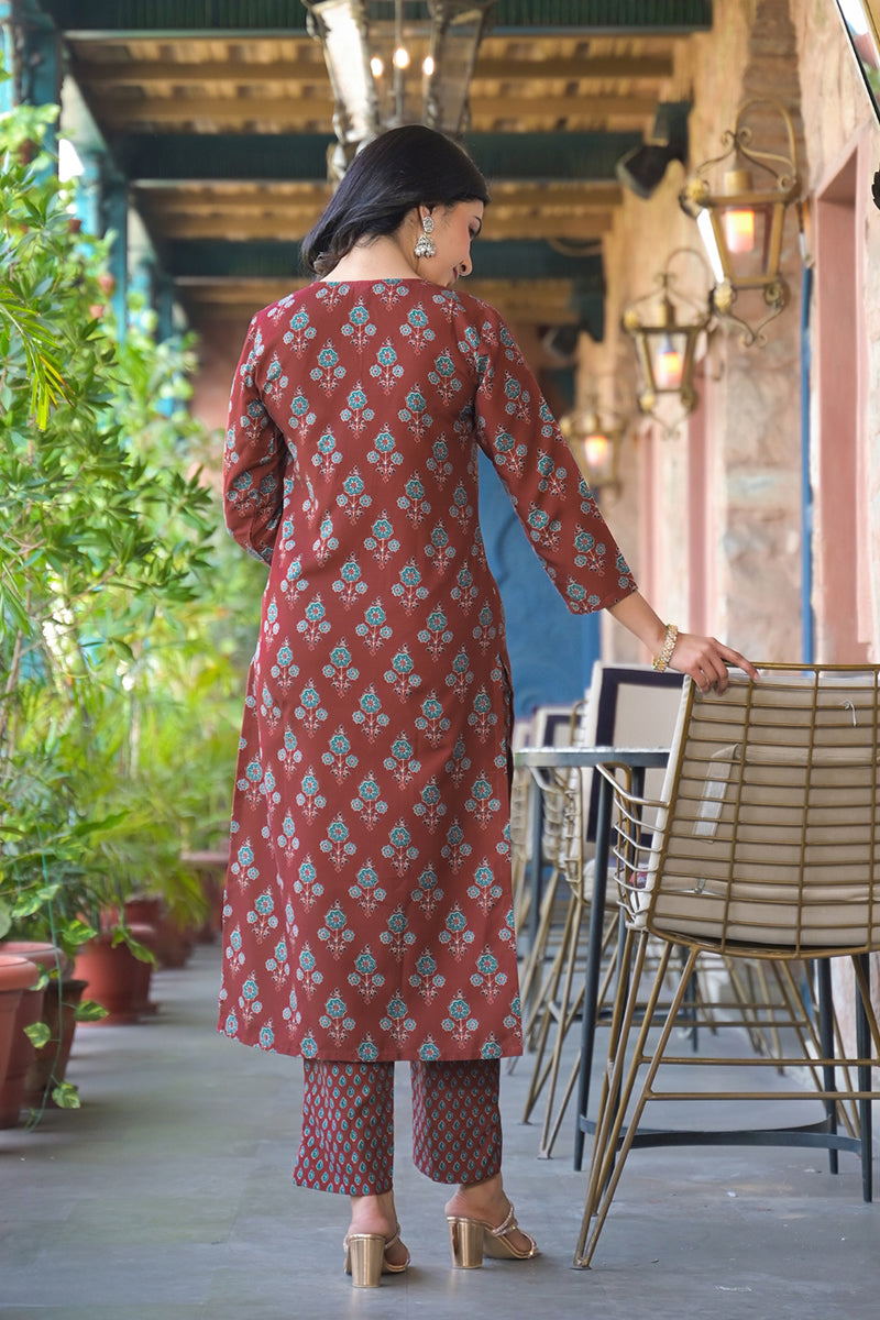 Brown Rayon Blend Floral Printed Straight Trouser Suit Set | SHOBITAM
