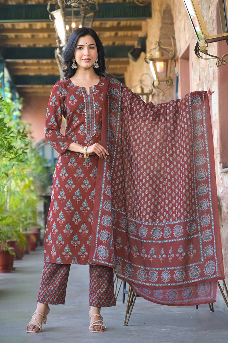Brown Rayon Blend Floral Printed Straight Trouser Suit Set | SHOBITAM