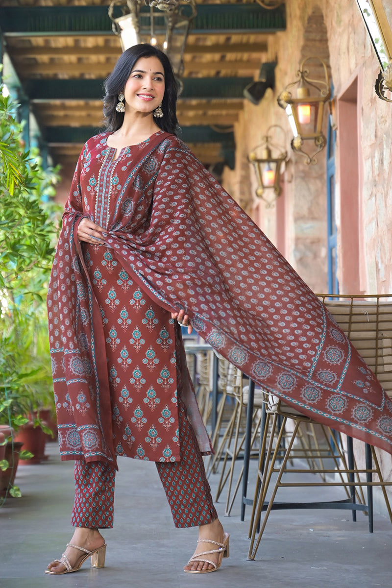 Brown Rayon Blend Floral Printed Straight Trouser Suit Set | SHOBITAM