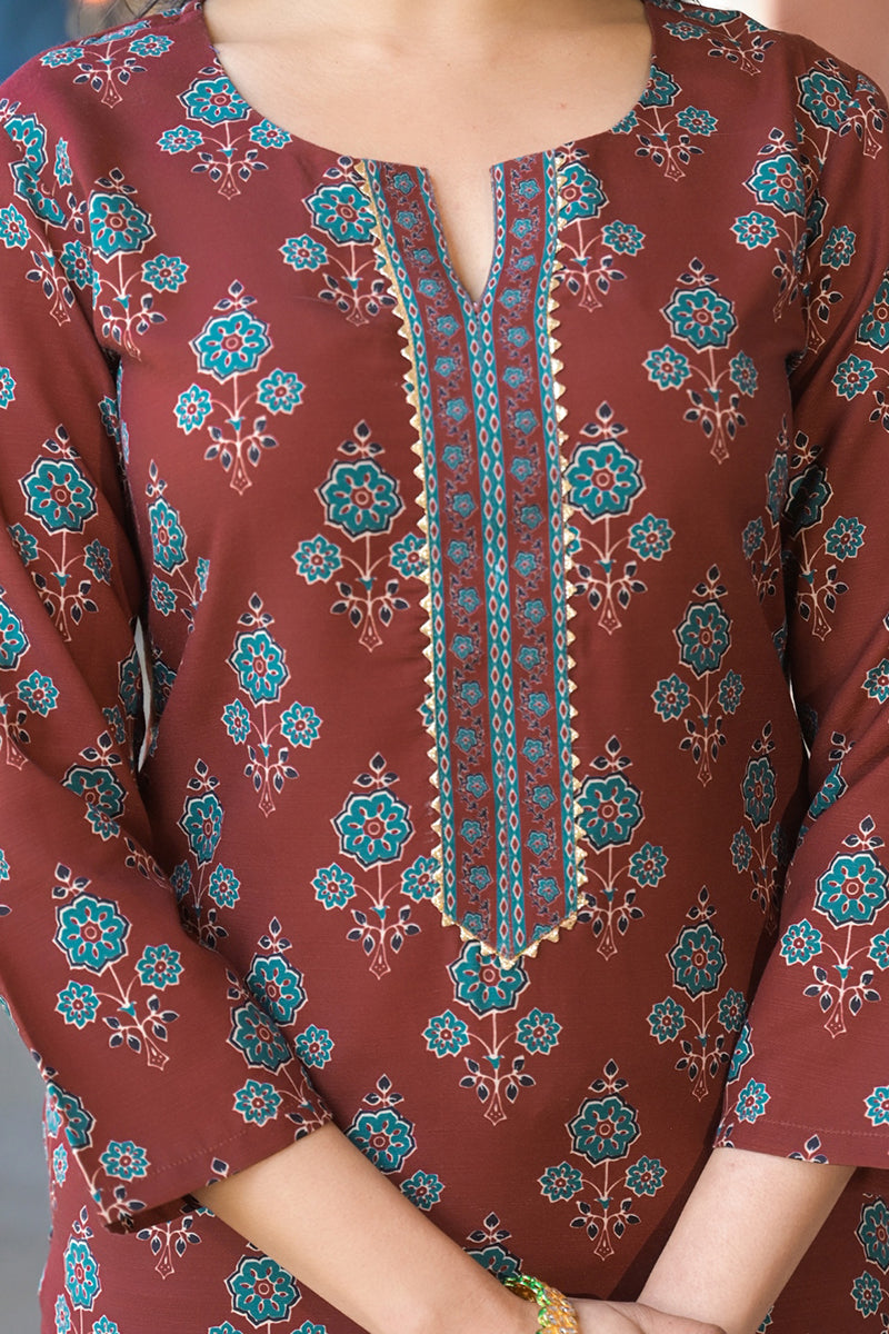 Brown Rayon Blend Floral Printed Straight Trouser Suit Set | SHOBITAM