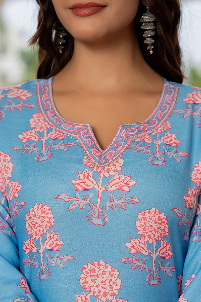 Blue Rayon Blend Floral Printed Straight Trouser Suit Set | SHOBITAM
