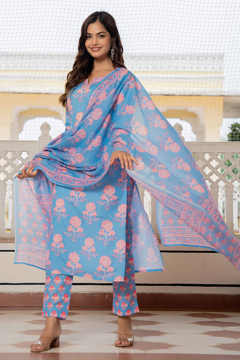 Blue Rayon Blend Floral Printed Straight Trouser Suit Set | SHOBITAM