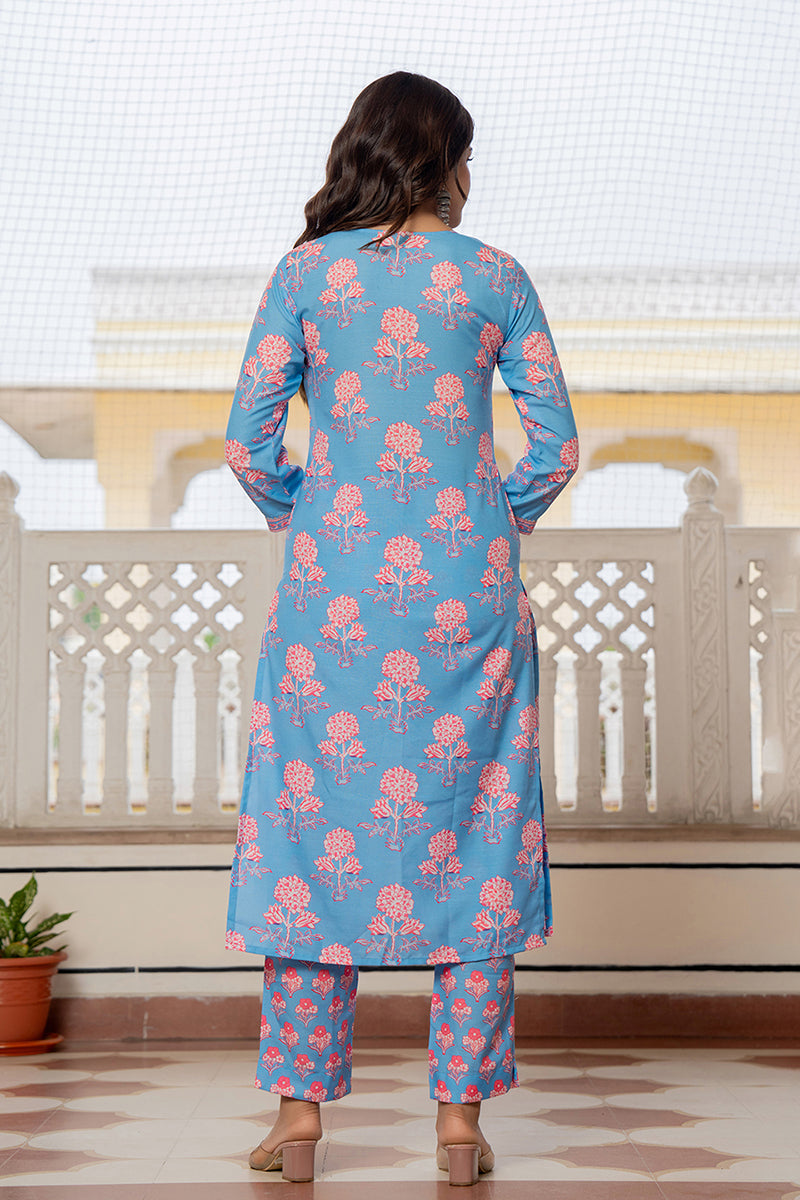 Blue Rayon Blend Floral Printed Straight Trouser Suit Set | SHOBITAM
