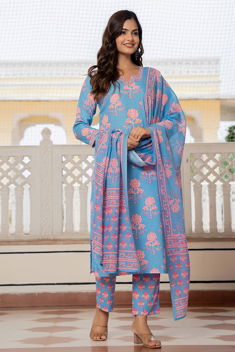Blue Rayon Blend Floral Printed Straight Trouser Suit Set | SHOBITAM