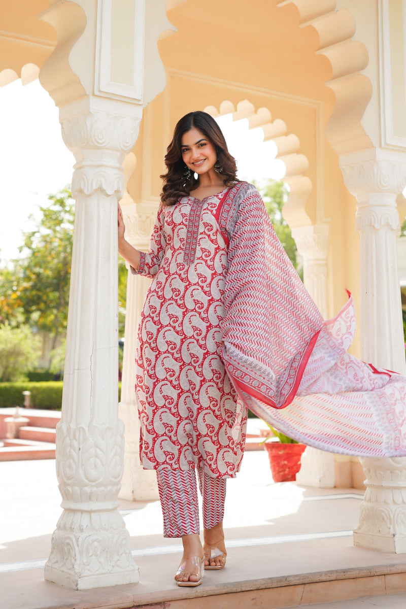 Red Rayon Blend Paisley Printed Straight Suit Set With Trouser Bottom | SHOBITAM