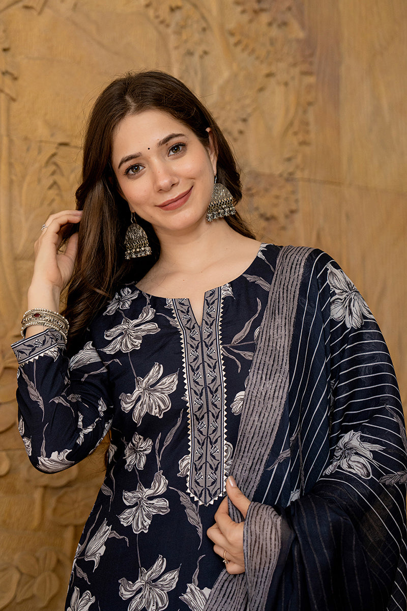 Black Rayon Blend Floral Printed Straight Trouser Suit Set | SHOBITAM