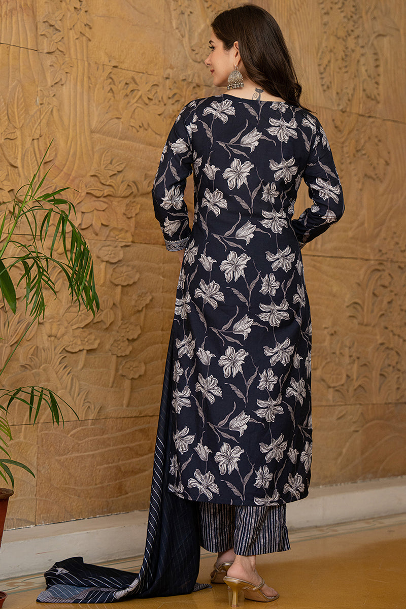 Black Rayon Blend Floral Printed Straight Trouser Suit Set | SHOBITAM