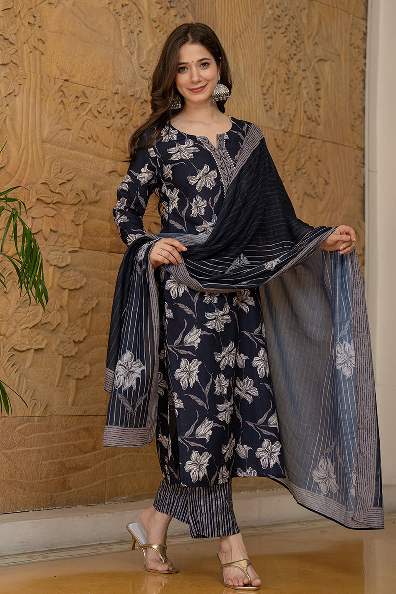 Black Rayon Blend Floral Printed Straight Trouser Suit Set | SHOBITAM