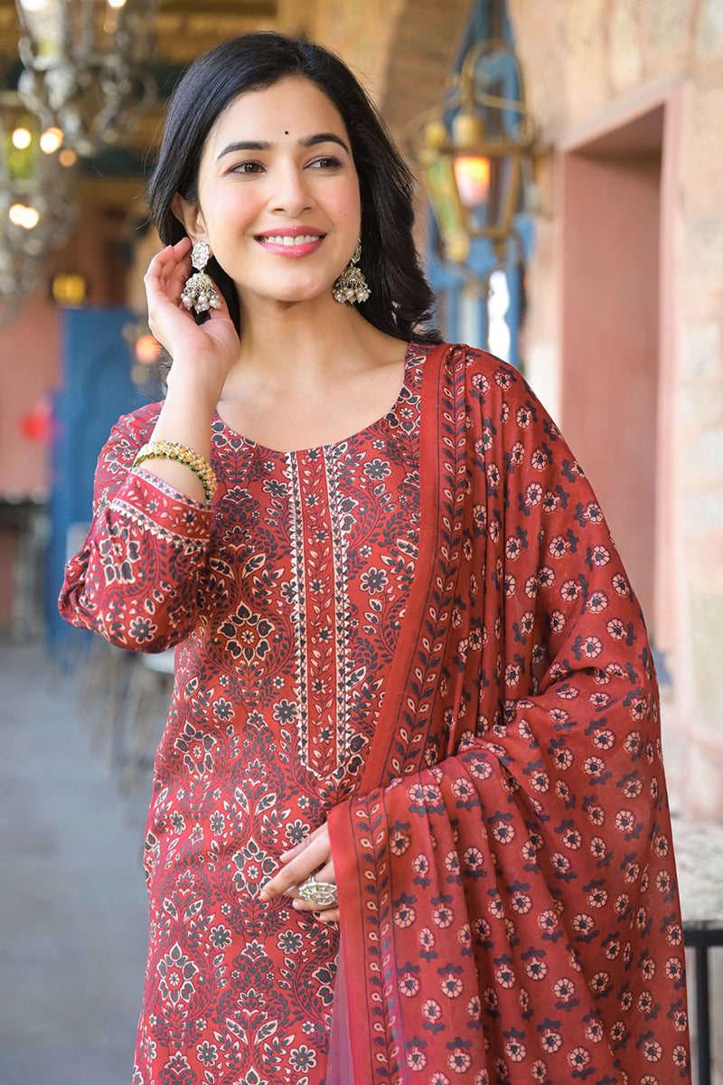 Red Cotton Blend Floral Printed Straight Suit Set With Trouser Style Bottom | SHOBITAM