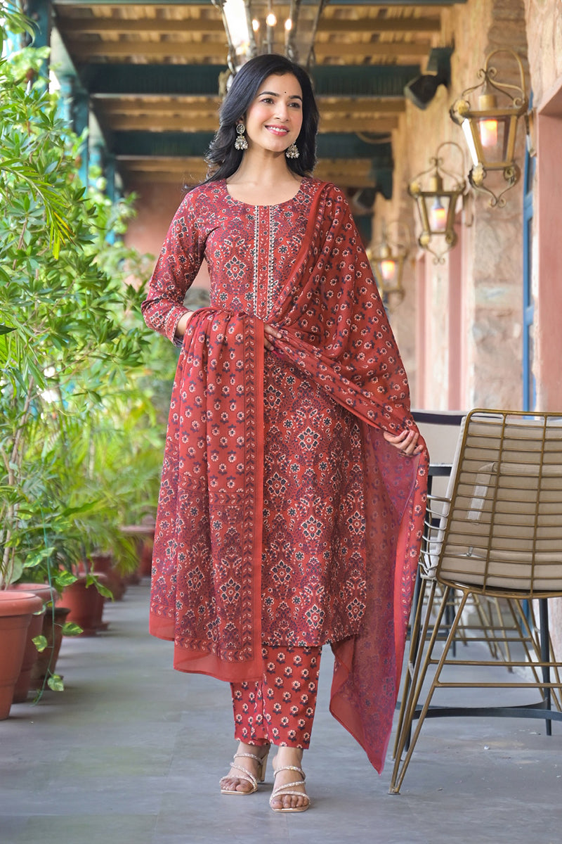 Red Cotton Blend Floral Printed Straight Suit Set With Trouser Style Bottom | SHOBITAM