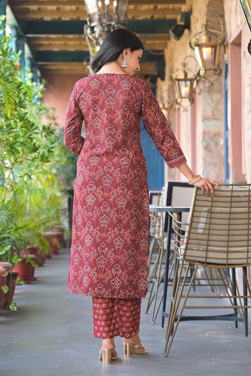 Red Cotton Blend Floral Printed Straight Suit Set With Trouser Style Bottom | SHOBITAM