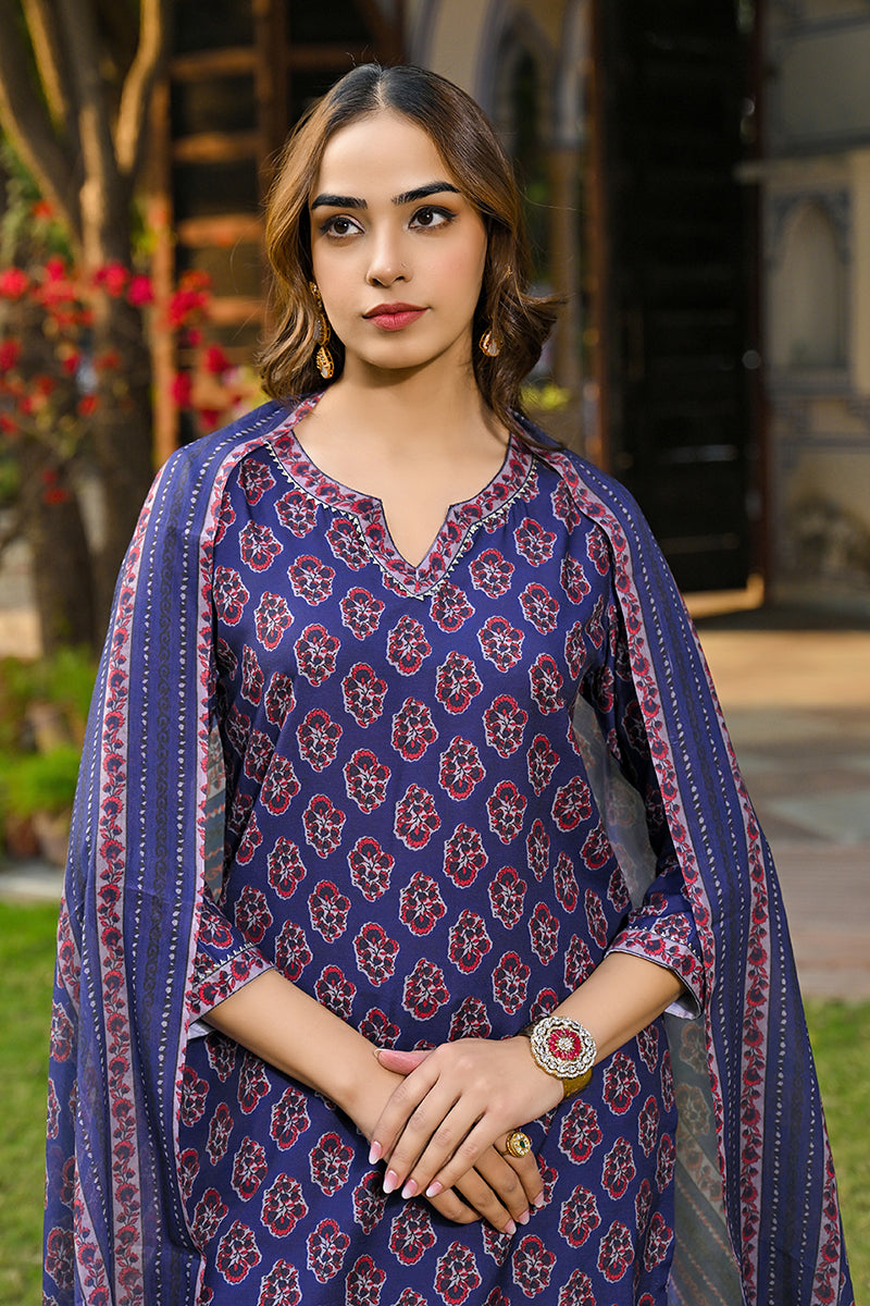 Navy Blue Rayon Blend Floral Printed Straight Trouser Suit Set | SHOBITAM