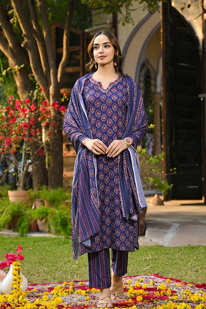 Navy Blue Rayon Blend Floral Printed Straight Trouser Suit Set | SHOBITAM