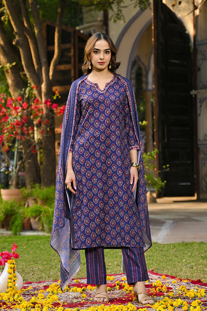 Navy Blue Rayon Blend Floral Printed Straight Trouser Suit Set | SHOBITAM