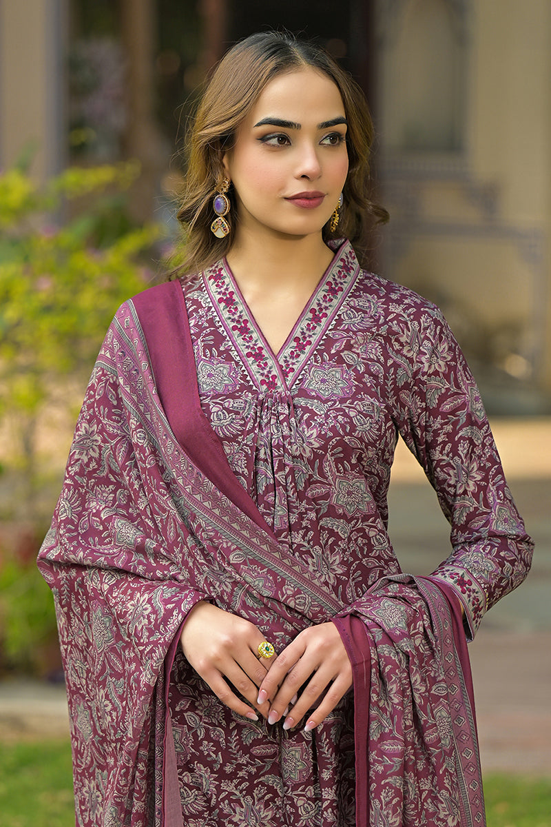 Burgundy Rayon Blend Floral Printed Straight Suit Set | SHOBITAM