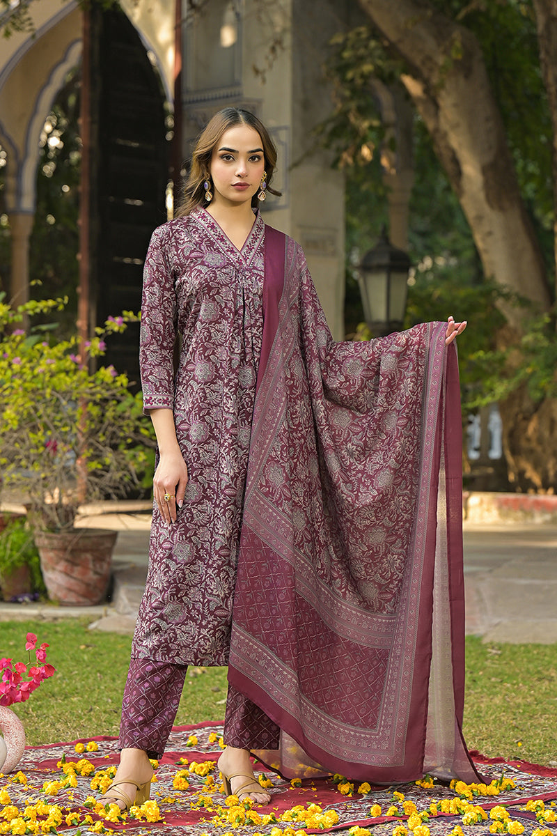 Burgundy Rayon Blend Floral Printed Straight Suit Set | SHOBITAM