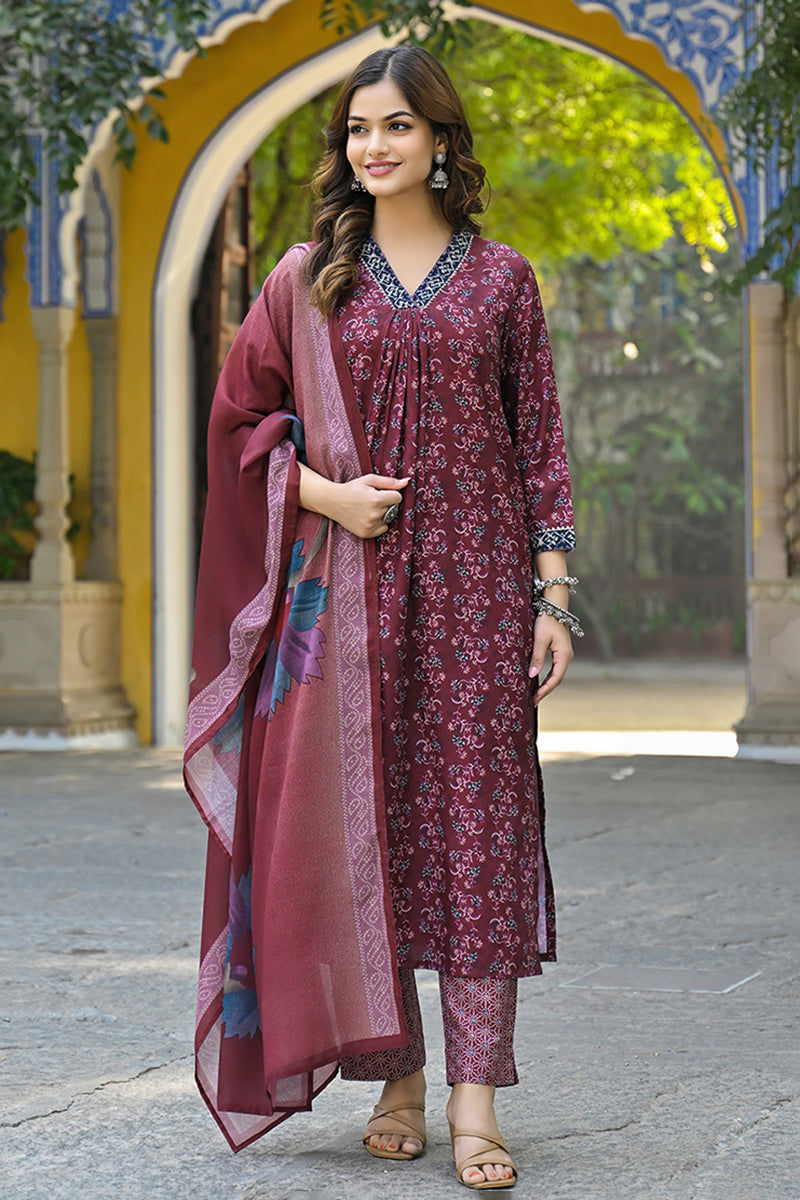 Maroon Rayon Blend Floral Printed Straight Suit Set | SHOBITAM