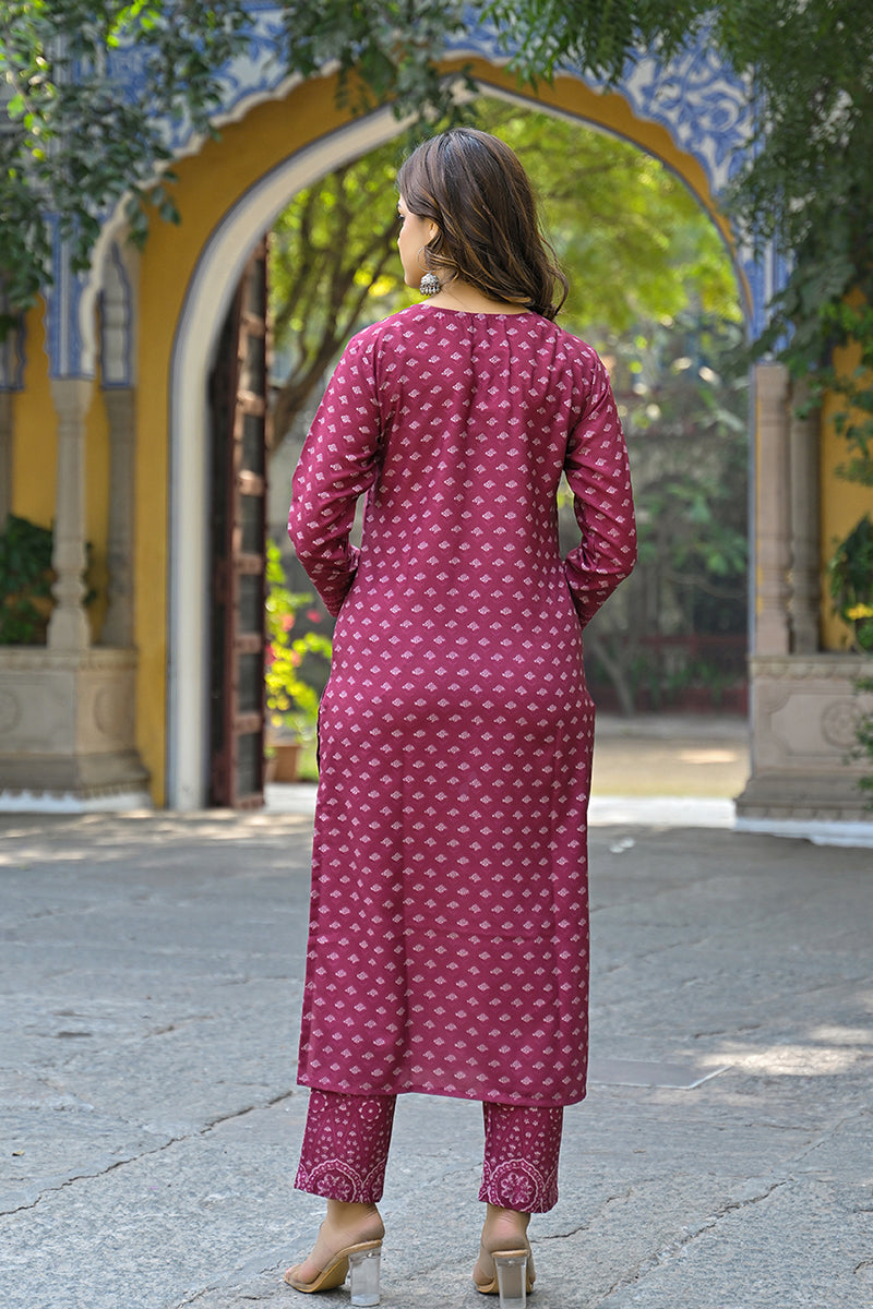 Maroon Cotton Blend Floral Printed Straight Suit Set | SHOBITAM