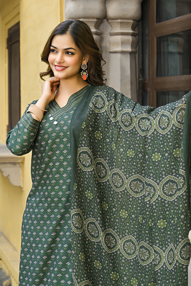 Green Cotton Blend Floral Printed Straight Suit Set | SHOBITAM