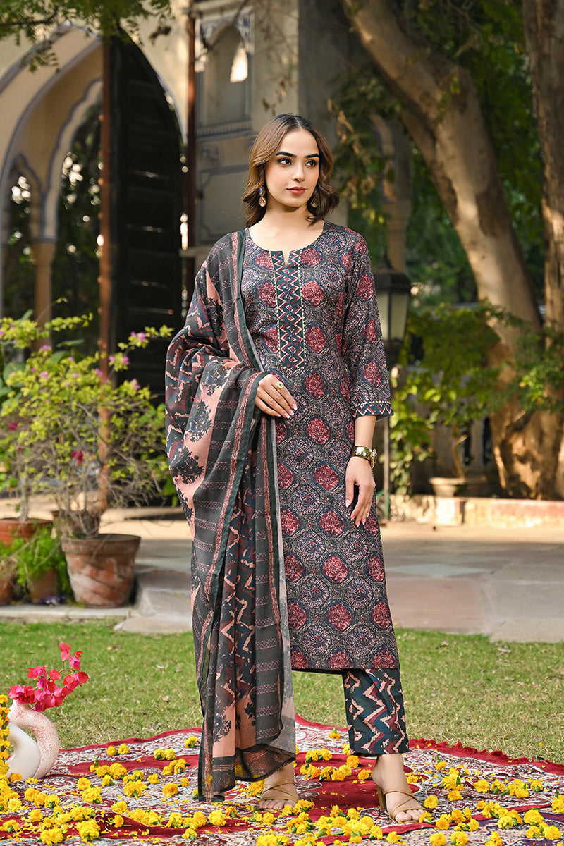 Multi Color Cotton Blend Floral Printed Straight Suit Set | SHOBITAM