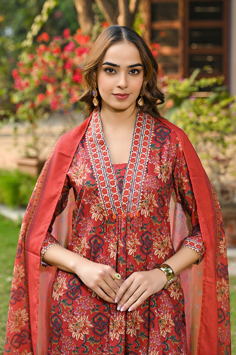 Red Rayon Blend Floral Printed Straight Suit Set | SHOBITAM