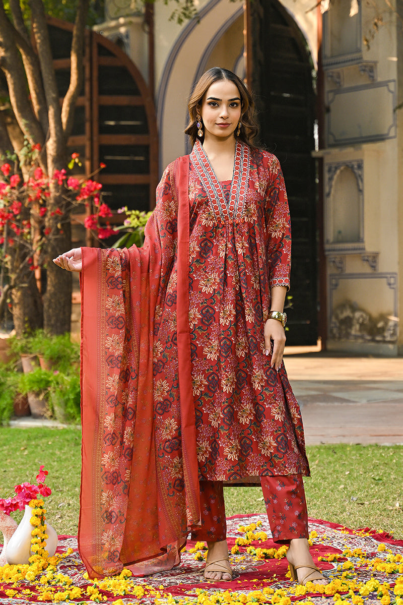 Red Rayon Blend Floral Printed Straight Suit Set | SHOBITAM