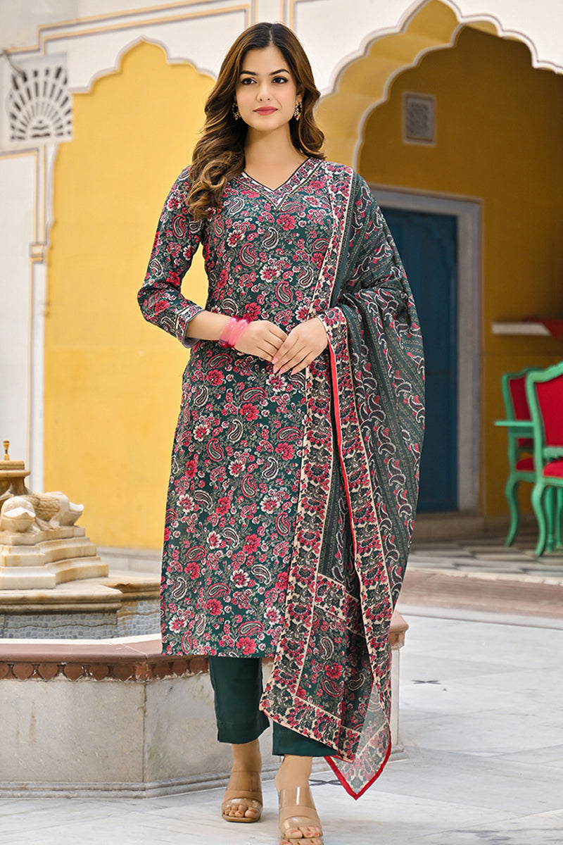 Green Rayon Blend Floral Printed Straight Kurta Trousers With Dupatta | SHOBITAM