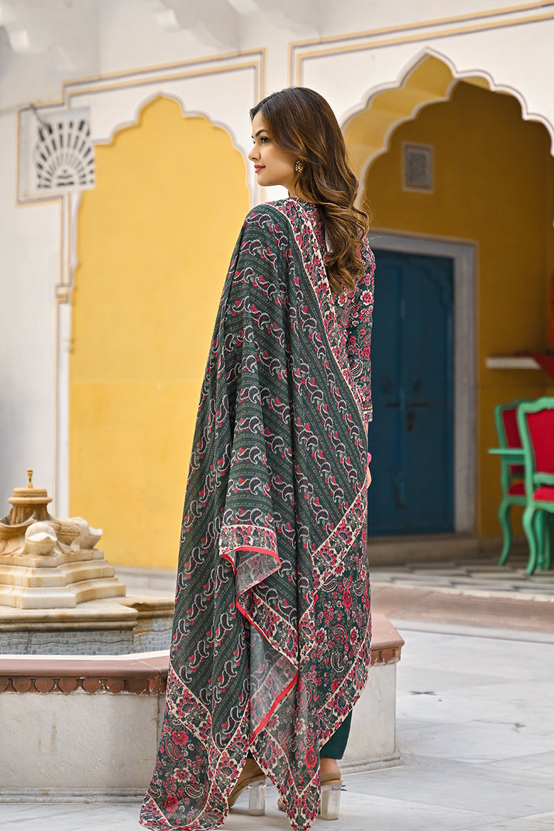 Green Rayon Blend Floral Printed Straight Kurta Trousers With Dupatta | SHOBITAM