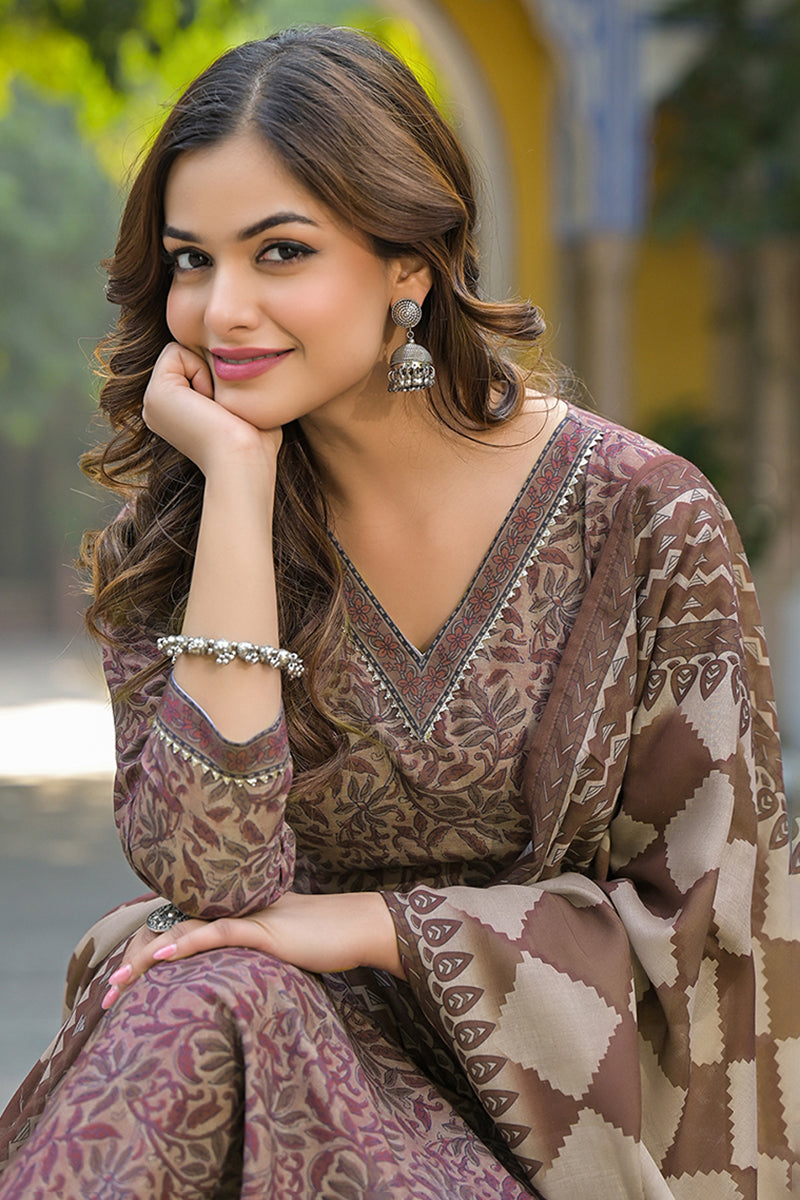Brown Cotton Blend Floral Printed Straight Trouser Suit Set | SHOBITAM