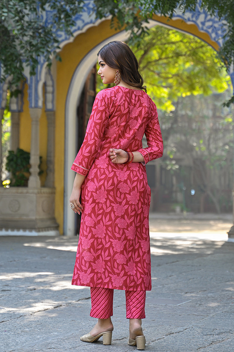 Red Cotton Blend Floral Printed Straight Suit Set  | SHOBITAM