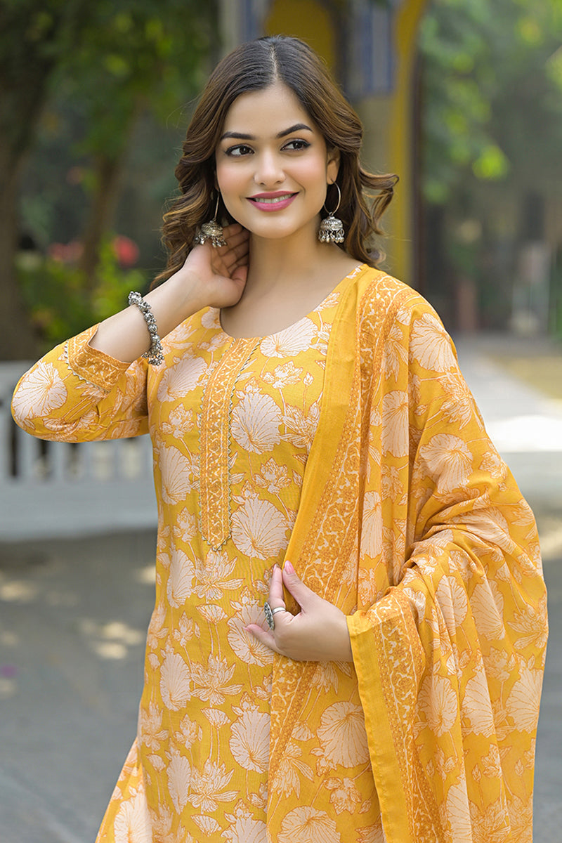 Yellow Rayon Blend Floral Printed Straight Kurta Suit Set | SHOBITAM