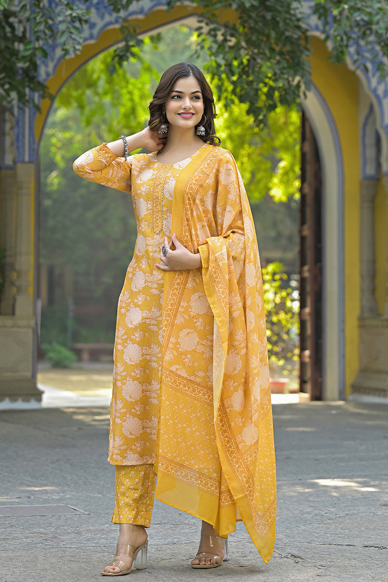 Yellow Rayon Blend Floral Printed Straight Kurta Suit Set | SHOBITAM
