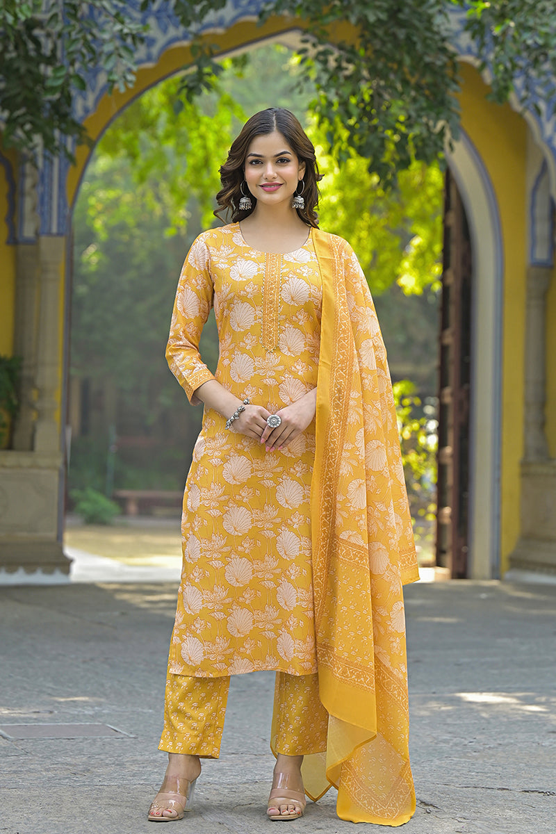 Yellow Rayon Blend Floral Printed Straight Kurta Suit Set | SHOBITAM