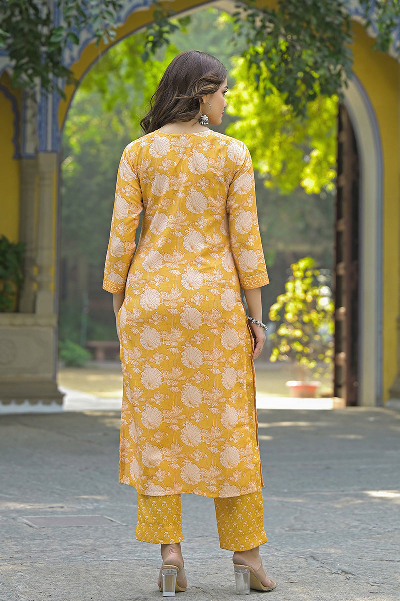 Yellow Rayon Blend Floral Printed Straight Kurta Suit Set | SHOBITAM