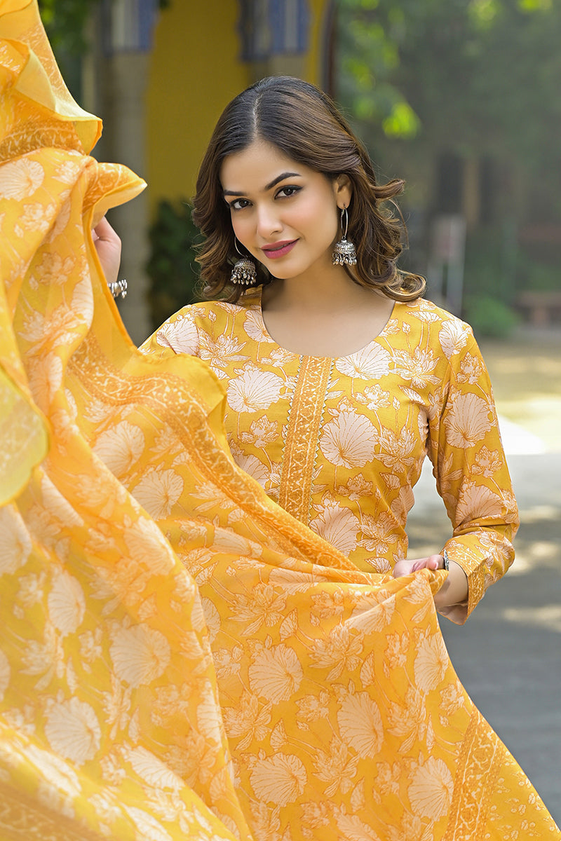 Yellow Rayon Blend Floral Printed Straight Kurta Suit Set | SHOBITAM