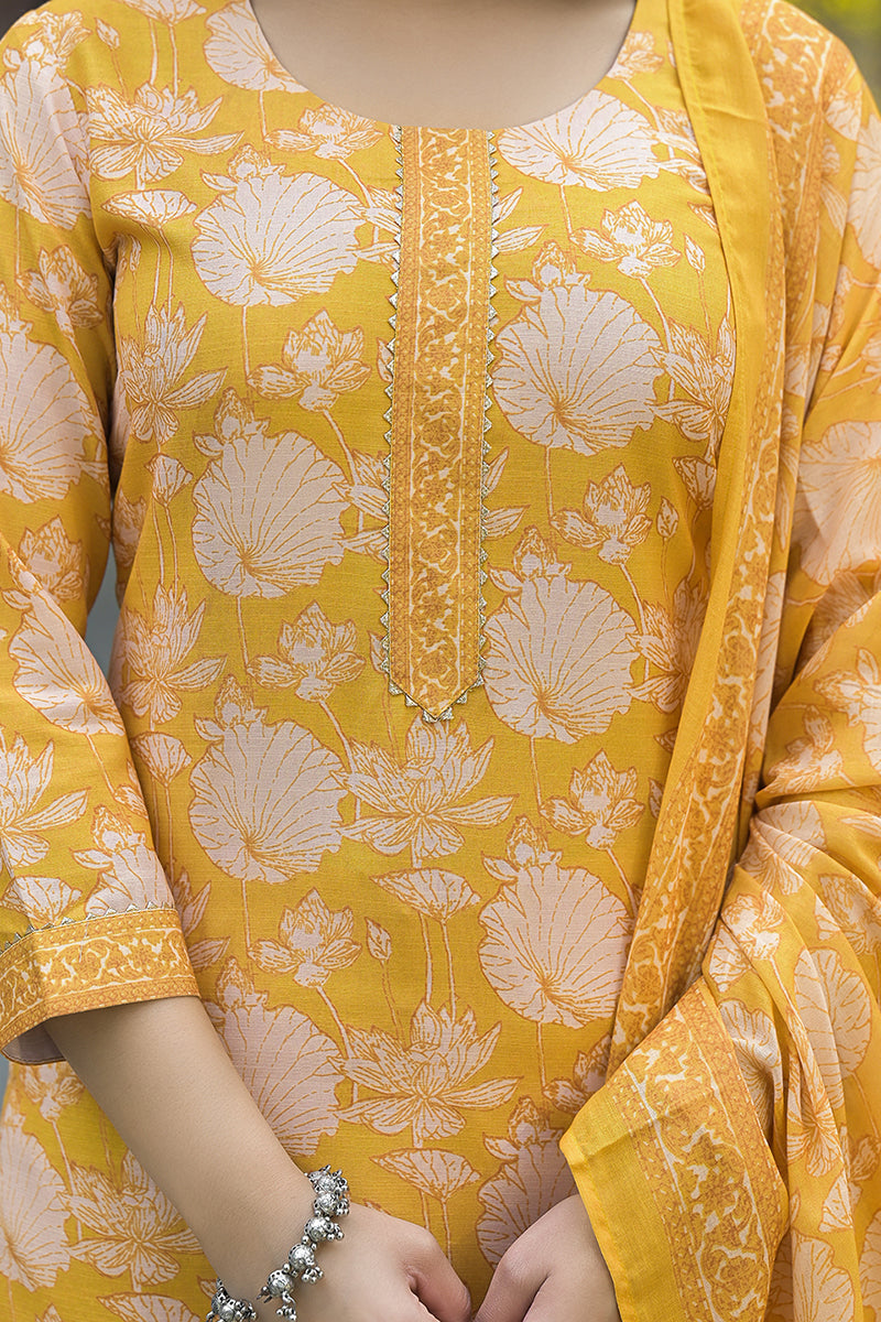 Yellow Rayon Blend Floral Printed Straight Kurta Suit Set | SHOBITAM