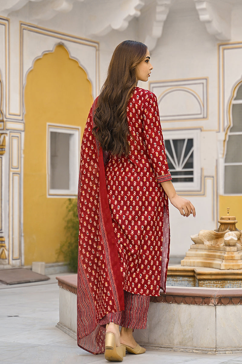 Maroon Rayon Blend Ethnic Motifs Straight Suit Set  | SHOBITAM