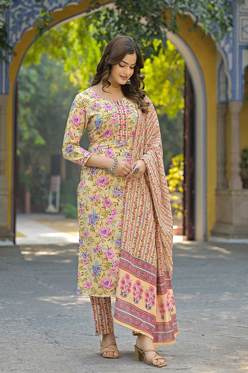 Yellow Rayon Blend Floral Printed Straight Suit Set | SHOBITAM