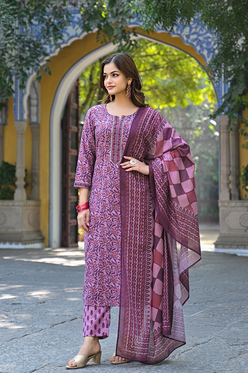 Pink Cotton Blend Floral Printed Straight Suit Set | SHOBITAM