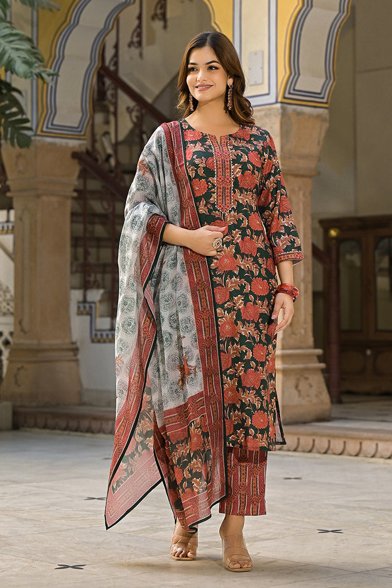 Green Rayon Blend Floral Printed Straight Trouser Suit Set | SHOBITAM