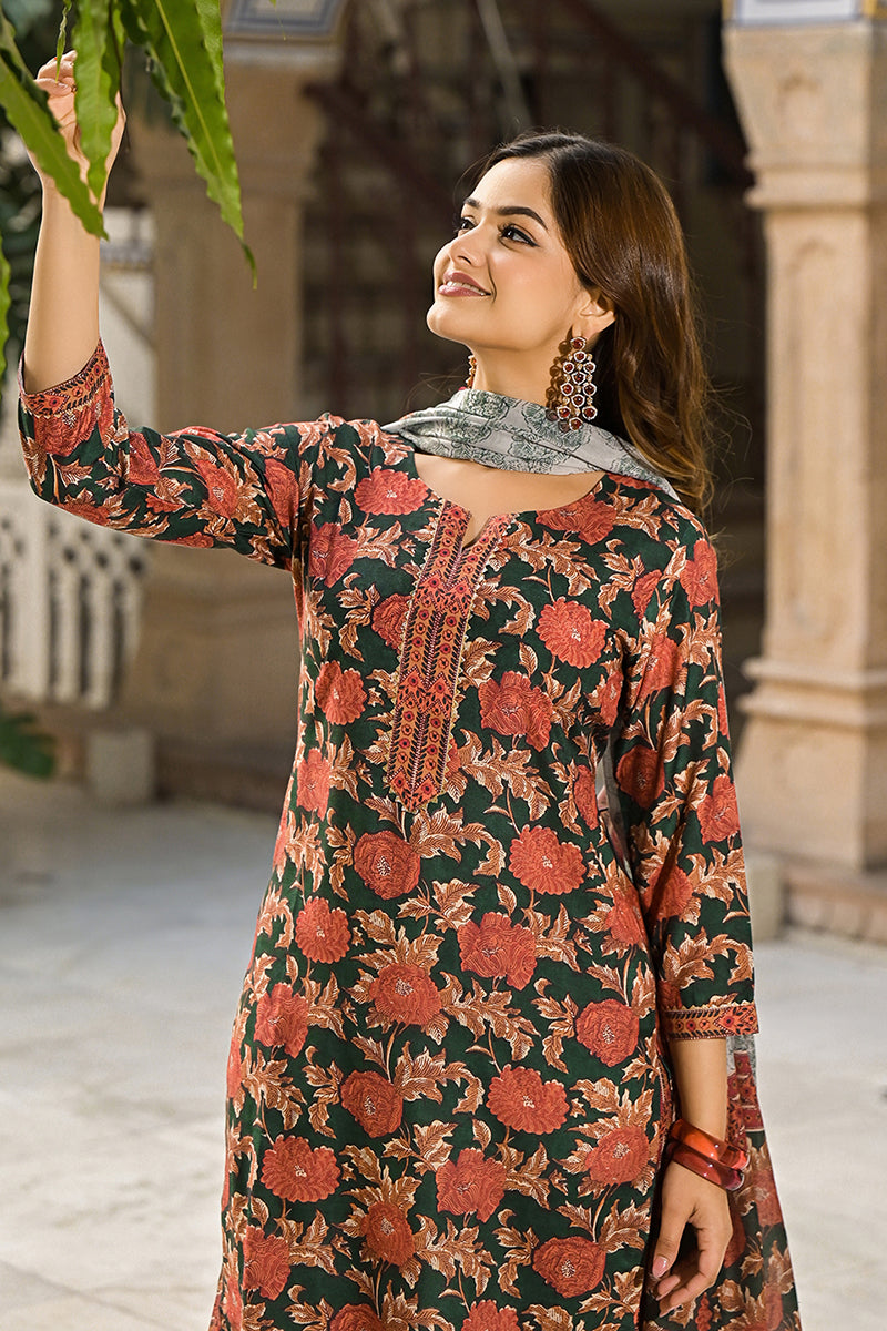 Green Rayon Blend Floral Printed Straight Trouser Suit Set | SHOBITAM
